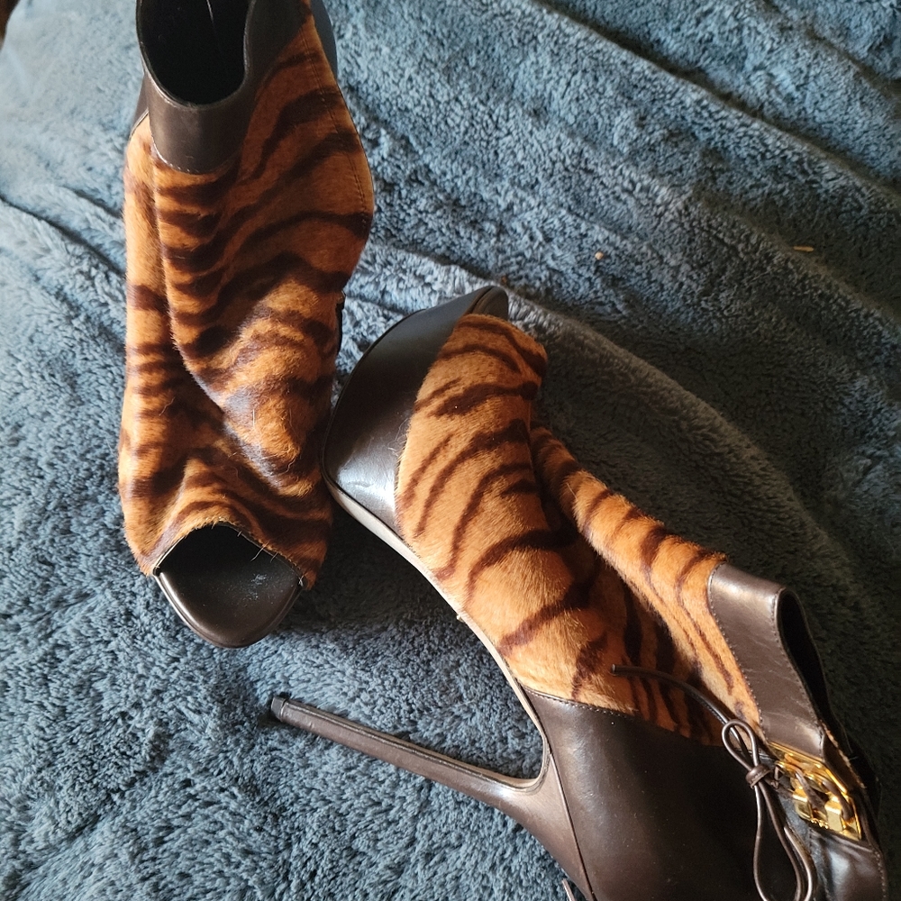 Tiger print pony hair stiletto heels